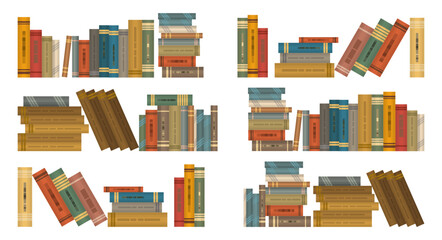 Six collections of books of different formats and with different covers. Vector set