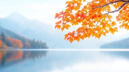 Autumn leaves over calm lake, mountain backdrop, nature scene, ideal for calendars
