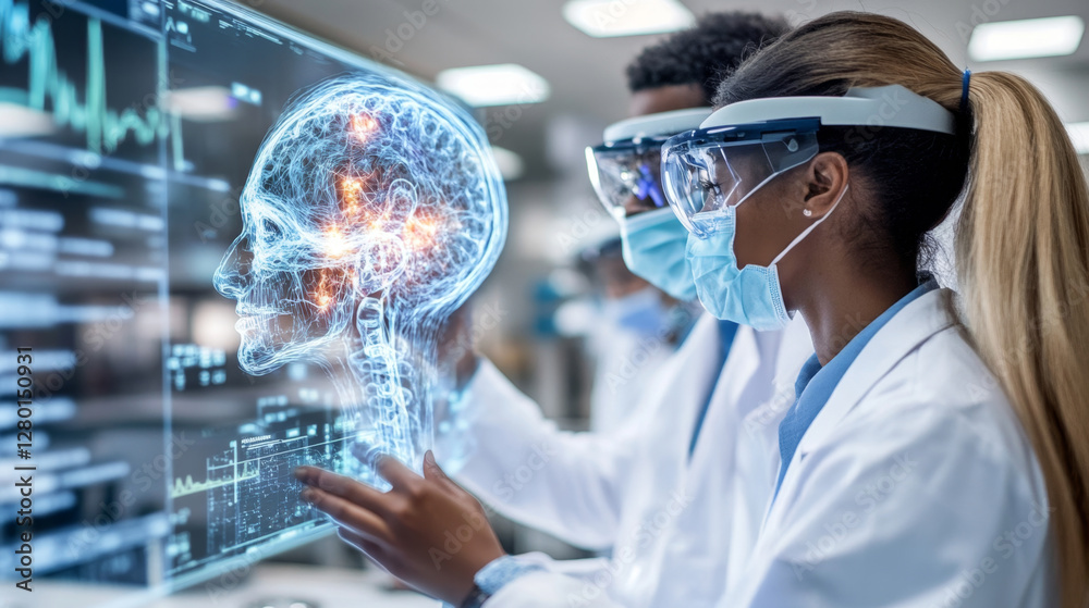 Fototapete Two interns in lab coats and safety gear observe a holographic brain display in a modern medical facility. They engage with advanced technology to learn about neuroscience applications.