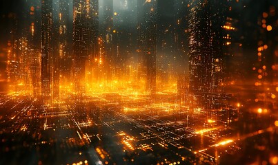 A digital cityscape of glowing cubes in a cyberpunk style with cinematic lighting