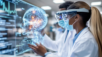 Two interns in lab coats and safety gear observe a holographic brain display in a modern medical facility. They engage with advanced technology to learn about neuroscience applications.