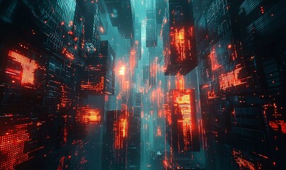 Fototapeta premium Abstract digital data network with glowing cubes and nodes