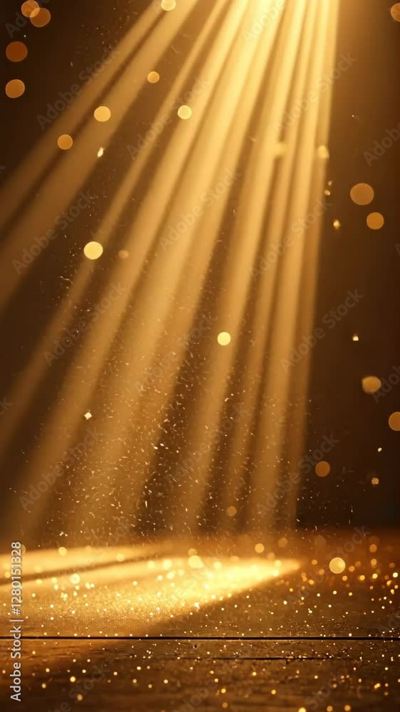 Poster a light shining on a wooden floor. the floor is covered in glitter. the light is coming from the lef