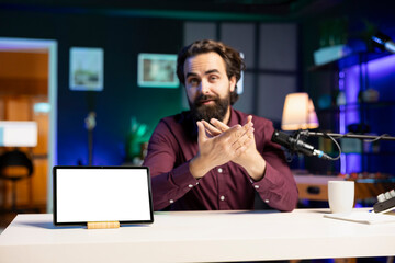 Content creator filming technology haul, doing unboxing video of mockup tablet. Tech guru unpacking...