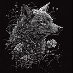 Engraving Style Illustration of Fox Surrounded by Thorns and Flowers Artistic Expression