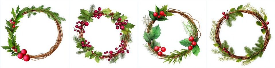 Assorted Festive Christmas and Holiday Circular Wreaths with Berries and Green Foliage Decoration