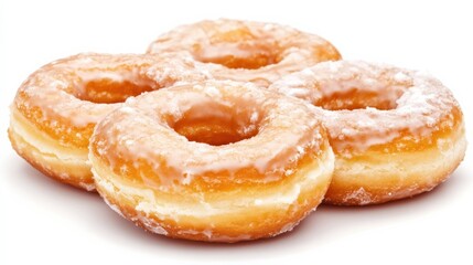 Glazed donuts stacked on a white background, showcasing their shiny surface and texture