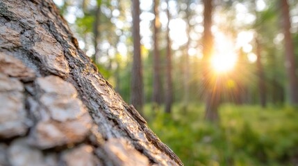 Obraz premium Sunset in pine forest, tree bark close-up, nature background, idyllic scene