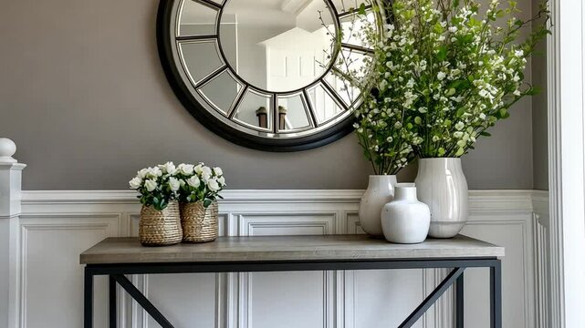An elegant home entryway with a stylish console table, decorative mirror, and fresh flowers welcoming guests.