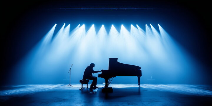 A pianist in blue. Hand edited generative ai.
