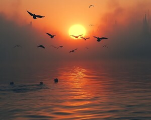 Obraz premium Sunrise fog city birds water