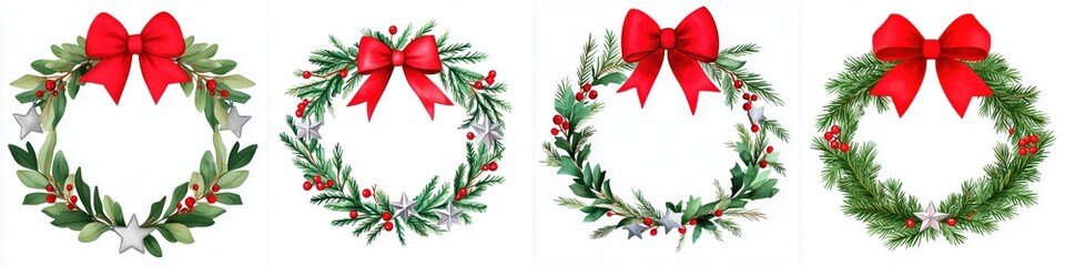 Festive Christmas Holiday Wreath Assortment with Red Bows and Star Embellishments for Winter Season