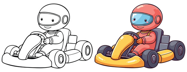 Race car Go-kart Isolated Line Art Vector Outline Illustration Black and White with Coloring Sample