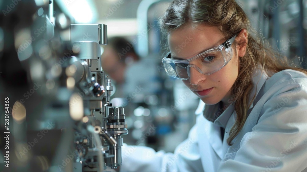 Aufkleber An attentive scientist inspects intricate machinery with precision in a bright laboratory. Fellow researchers are present, contributing to a collaborative environment focused on innovation.