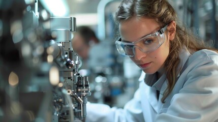 An attentive scientist inspects intricate machinery with precision in a bright laboratory. Fellow researchers are present, contributing to a collaborative environment focused on innovation.