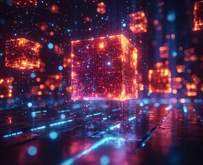 A digital cityscape of glowing cubes in a cyberpunk style with cinematic lighting