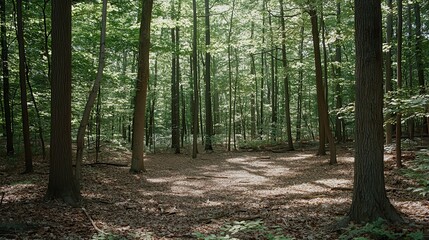 Obraz premium Sunlight Dappled Forest Floor Tranquil Woodland Scene