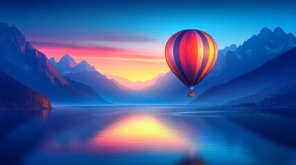 Dreamy hot air balloon flight over serene lake waters at sunset with mountain scenery in vibrant colors and breathtaking reflections