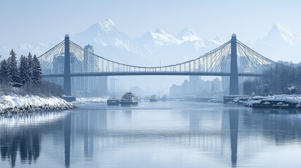 Obraz premium Suspension Bridge Under Snow Covered Mountain Range Creates Serene Winter Landscape Perfect for Travel and Adventure Imagery