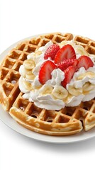 Fresh waffles topped with whipped cream, strawberries, and banana slices on a plate