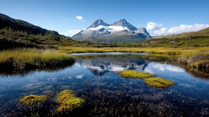 Mountain reflection in still pond, clear sky. Landscapes use