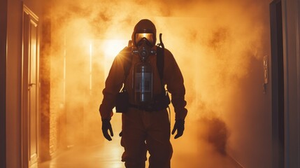 hazard responder in protective suit amidst smoky hallway conducting a safety operation indoors