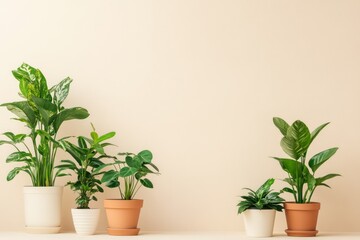 Fototapeta premium A minimalist arrangement of various potted houseplants on a soft beige background, with space for text or branding
