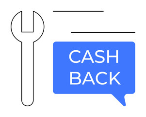 Wrench and cash back speech bubble indicate value services and financial benefits. Ideal for concepts thumbs up customer savings, repair services, value, rebates, promotions, support services