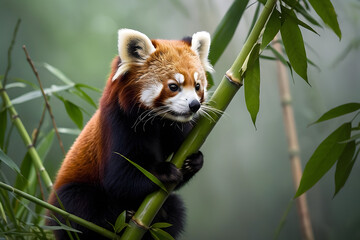 Fototapeta premium A playful small red panda perched delicately on a bamboo branch