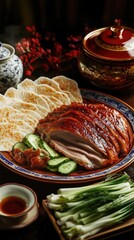 Delicious Chinese roast duck served with pancakes, cucumber slices, and spring onions in traditional porcelain dishes