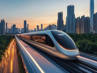 Futuristic high-speed train racing through a modern city at dusk, surrounded by skyscrapers and illuminated streets.