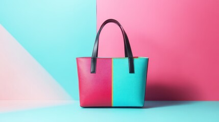 Vibrant tote bag, a two-tone fashion accessory, against a geometric backdrop of teal and pink.