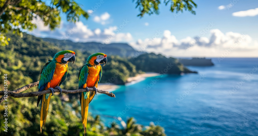 Aufkleber two vibrant macaws sit on a branch overlooking a serene tropical ocean. the sun sets in the backgrou
