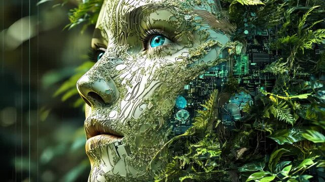 Human face blended with nature and technology elements expresses harmony and innovation in design, Human face with nature elements, implying technology and environment fusion