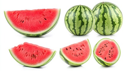 Freshly cut watermelon slices displayed with whole watermelons in the background, showcasing vibrant colors