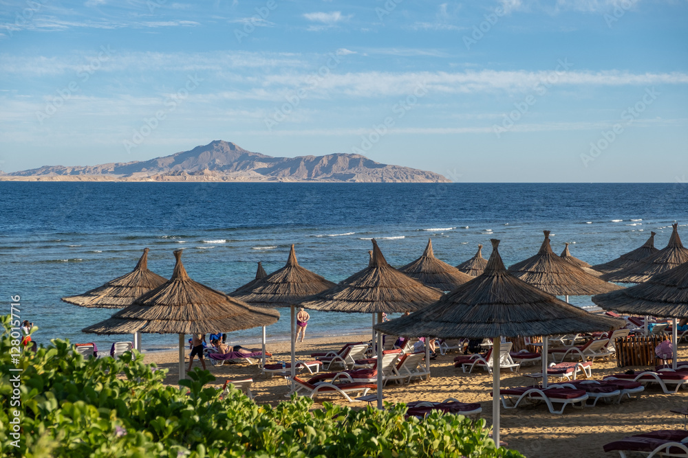 Poster relaxing beach atmosphere in egypt with straw umbrellas and a distant island view