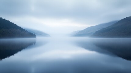 Fototapeta premium Serene foggy lake landscape with misty mountains and calm water reflection