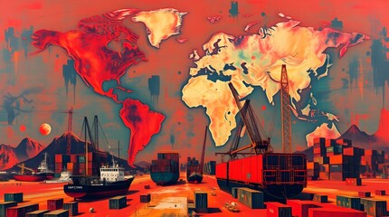 Obraz premium Global Trade Hub: A stylized world map merges with a bustling port scene, showcasing shipping containers, cranes, and cargo ships. symbolizing the interconnectedness of global trade and commerce.