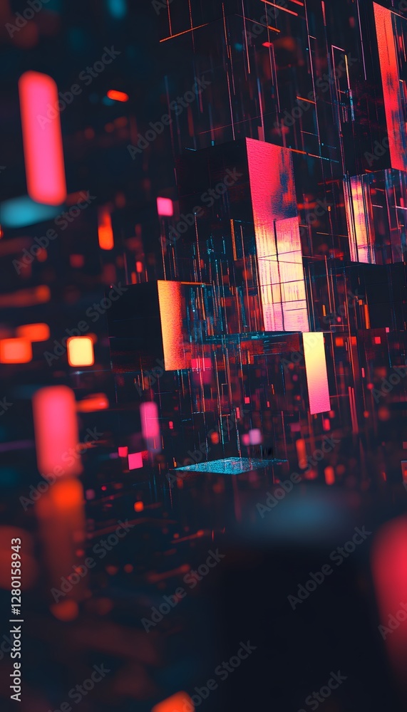 Wall mural abstract digital composition featuring various illuminated geometric shapes and lines