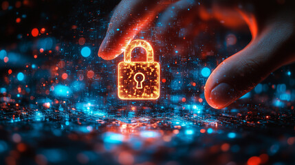 Hand touching glowing padlock icon on digital surface. Use for cybersecurity blogs, technology websites, and data protection visuals.