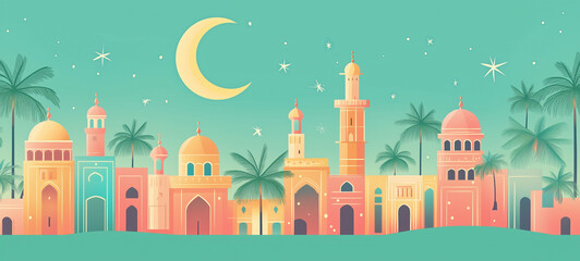 Ramadan Kareem banner, poster, card, holiday cover. Modern art design in pastel colors with pattern of beautiful arabian old ancient city against the backdrop of a bright big crescent moon with stars.