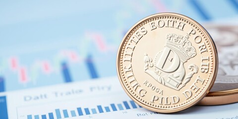One pound coin standing on a fluctuating graph illustrating the rate of the pound sterling, economy, business