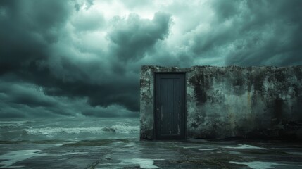 Mysterious door in stormy coastal landscape with dark clouds and ocean waves