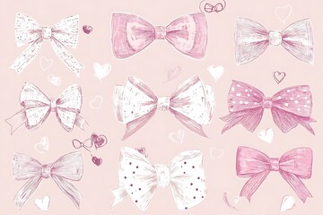 Fototapeta premium A luxurious pattern of hand-drawn bows in pink and white shades on a soft pastel pink background.