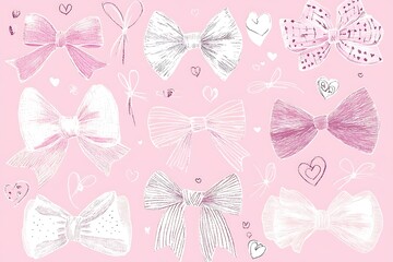 A luxurious pattern of hand-drawn bows in pink and white shades on a soft pastel pink background.