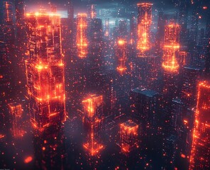 Fototapeta premium A digital cityscape of glowing cubes in a cyberpunk style with cinematic lighting