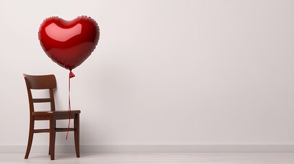 Red Heart Balloon Over Wooden Chair In White Room