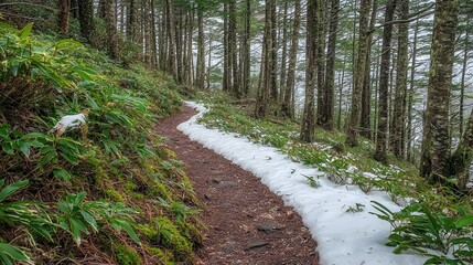 Fototapeta premium Winding Forest Trail with Spring Snow Patches