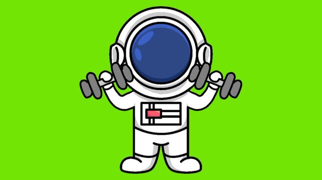 animation of Cute astronaut holding a dumbbells green background