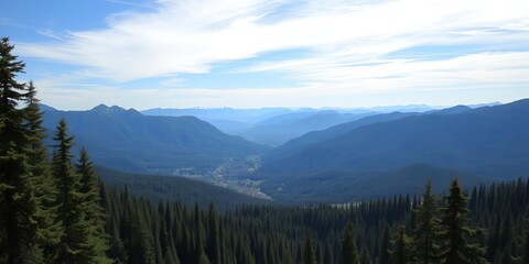 Fototapeta premium Panoramic view of majestic mountain range with lush green forests and clear blue skies, majestic, sky